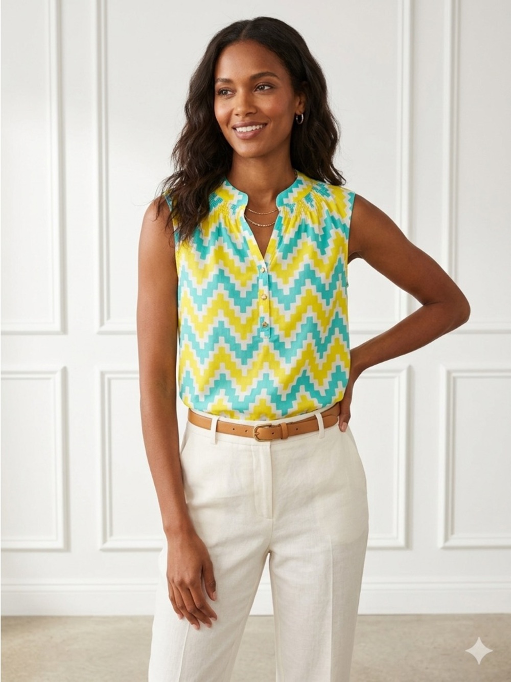 Macbeth Collection by Margaret Josephs Yellow and Teal Zigzag Sleeveless Blouse